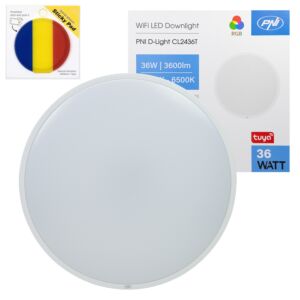 Kit de luminária de teto LED PNI D-Light CL2436T com Wi-Fi, RGBW, 36W, dimerizável, com fita adesiva azul inclusa.