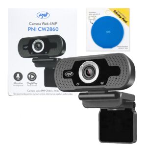 Webcam PNI CW2860 Full HD 4MP, com cabo USB, clipe para fixação, microfone embutido e base adesiva azul inclusos.