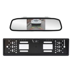 Sistema de estacionamento sem fios PNI Escort P25 com ecrã automóvel de 4,3 polegadas no espelho retrovisor e câmara no suporte da matrícula.