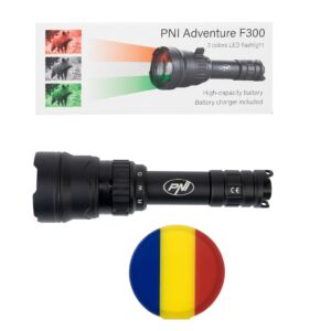 Pacote de Lanterna LED PNI Adventure F300 em 3 cores: branco, vermelho, verde, máximo 10W, IPX6 + Flag Sticky Pad