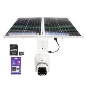 Kit de câmera de vigilância PNI IP60 com transmissão ao vivo, painel solar, 2MP, GSM 4G e cartão microSD PNI de 128GB.