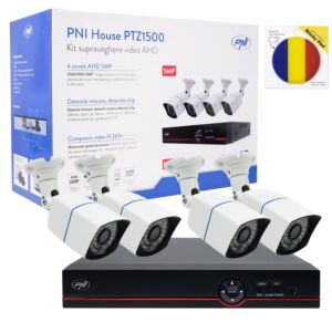 Kit de Videovigilância DVR PTZ1500 5MP da Casa PNI - 4 câmeras e pacote de bandeira Sticky Pad