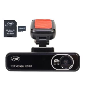 Pacote com câmera veicular PNI Voyager S2600 DVR, Wi-Fi, 4K Ultra HD, GPS e cartão de memória microSD de 256 GB inclusos.