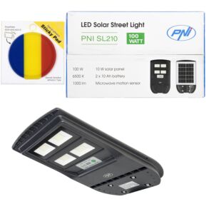 Kit de iluminação pública PNI SL210 de 100W, com painel solar integrado de 10W e bandeira adesiva inclusa.