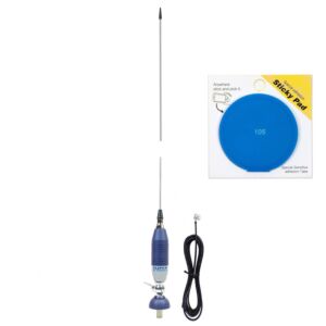 Pacote de antena Sirio SUPER 9 CB com antena tipo borboleta, comprimento de 155 cm e fita adesiva azul incluída.