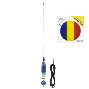 Pacote de antena Sirio SUPER 9 CB com antena tipo borboleta, comprimento de 155 cm e bandeira adesiva incluída.
