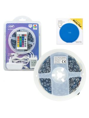 Kit de fita LED PNI 5050RGB com 300 LEDs, RGB, dimerizável, efeitos de luz, 5 metros, IP20 e fita adesiva azul inclusa.