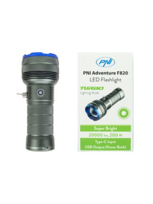 Lanterna PNI Adventure F820 200 W, 3 níveis de iluminação mais Turbo, 20000 lúmens, até 350 m, bateria de 2600 mAh, I
