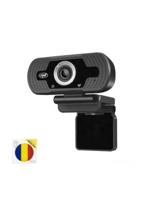Webcam PNI CW2860 Full HD 4MP, com USB, clipe para fixação, microfone embutido e bandeira adesiva inclusa.
