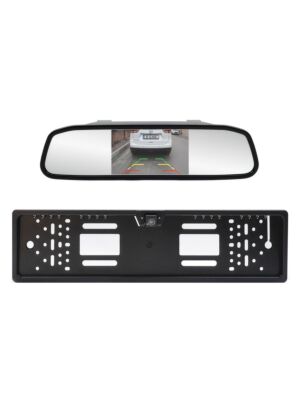 Sistema de estacionamento sem fios PNI Escort P25 com ecrã automóvel de 4,3 polegadas no espelho retrovisor e câmara no suporte da matrícula.
