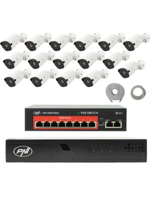 Pacote de videovigilância com 16 câmeras, switch e cabos