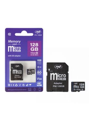 Cartão de memória MicroSD PNI 128GB com adaptador SD, Classe 10, 80 Mb/s, V30