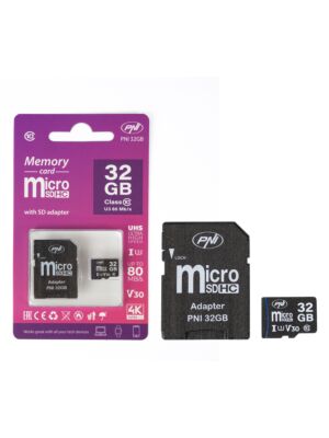 Cartão de memória MicroSD PNI 32GB com adaptador SD, Classe 10, 80 Mb/s, V30