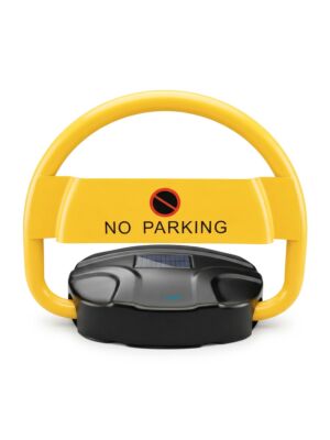 Fechadura automática para estacionamento de carros PNI PL20 com carregamento solar, controle remoto, chaves e bateria.
