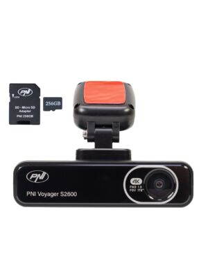 Pacote com câmera veicular PNI Voyager S2600 DVR, Wi-Fi, 4K Ultra HD, GPS e cartão de memória microSD de 256 GB inclusos.