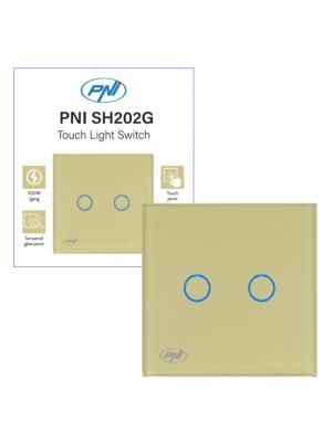 Interruptor duplo com toque PNI SH202G feito de vidro, dourado com indicador LED, cor dourada