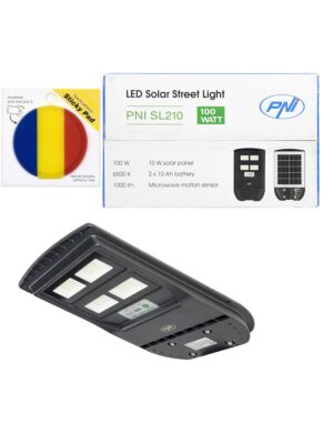 Kit de iluminação pública PNI SL210 de 100W, com painel solar integrado de 10W e bandeira adesiva inclusa.