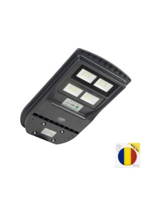 Kit de iluminação pública PNI SL210 de 100W, com painel solar integrado de 10W e bandeira adesiva inclusa.