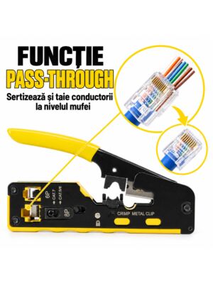 Alicate PNI SR7 para cortar, crimpar e desencapar cabos UTP e FTP, além de crimpar conectores RJ11, RJ12, RJ45, CAT5, CAT6, CAT7 e CAT8.