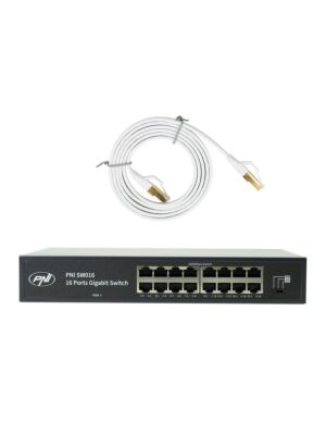Pacote de switch PNI SW016, 16 portas 10/100/1000 Mbps, Gigabit, caixa metálica e cabo de rede CAT8 de 1,5 m (PNI U8015W)