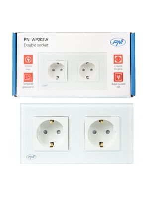 Tomada dupla embutida PNI WP202W, com moldura de vidro, 16A, 2X3000W, 230V, branco