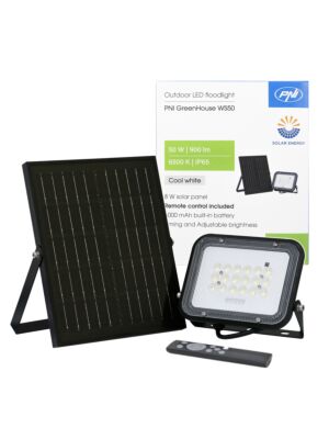 Refletor LED PNI GreenHouse WS50 50W com Painel Solar, Bateria de 6000mAh, Controle Remoto, Temporização e Brilho Ajustável,