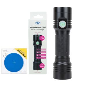 Kit de lanterna dupla PNI Adventure F200 em alumínio com LED, bateria de 4000mAh e almofada adesiva azul inclusos.