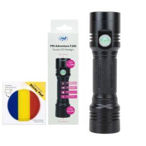 Kit de lanterna dupla PNI Adventure F200 em alumínio com LED, bateria de 4000mAh e bandeira adesiva inclusa.