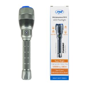 Lanterna PNI Adventure F810 com LED 138 W, 3 níveis de iluminação mais Turbo, 12000 lumens, zoom, até 250 m, funcionamento a pilhas