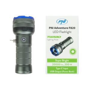 Lanterna PNI Adventure F820 200 W, 3 níveis de iluminação mais Turbo, 20000 lúmens, até 350 m, bateria de 2600 mAh, I