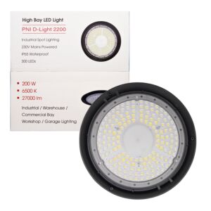 PNI D-Light 2200 LED High Bay Lamp, 200W, 27000lm, 6500K, Fonte de alimentação de 230 V, IP65, para iluminação industrial de spa
