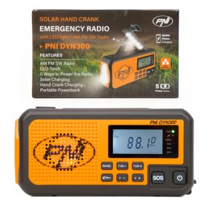 Rádio portátil PNI DYN300, com dínamo, carga solar, lanterna, powerbank 4000 mAh, SOS, laranja