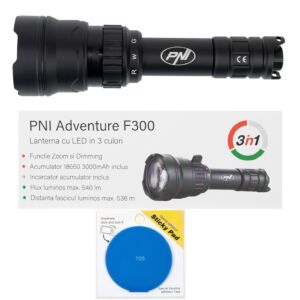 Pacote de Lanterna LED PNI Adventure F300 em 3 cores: branco, vermelho, verde, máximo 10W, IPX6 com Pad Blue adesivo incluído