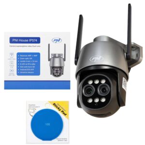 Câmera de vigilância Paxhet PNI House IP574 com Wi-Fi, PTZ, lente dupla e fita adesiva azul inclusa.