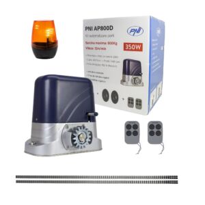 O kit de automação de portão PNI AP800D inclui rack de motor de 4m, fotocélulas, controle remoto, lâmpada, desenvolvimento de 230V 1100 N e 8