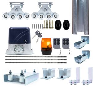 Kit completo para automatização de portões autoportantes PNI AP800D, incluindo motor, rodas, fotocélulas, controle remoto, lâmpada e 6 metros de cremalheira.