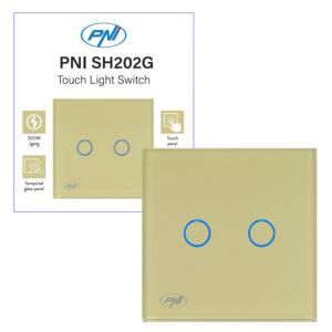 Interruptor duplo com toque PNI SH202G feito de vidro, dourado com indicador LED, cor dourada