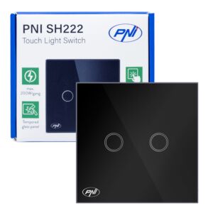 Interruptor de toque duplo de vidro PNI SH222, preto com indicador LED, 10A, 2X200W
