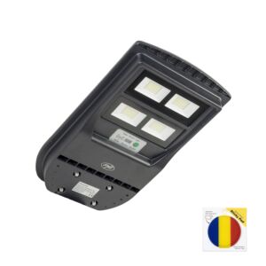 Kit de iluminação pública PNI SL210 de 100W, com painel solar integrado de 10W e bandeira adesiva inclusa.