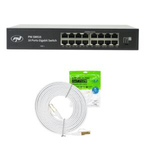 Pacote de Switch PNI SW016, 16 x 10/100/1000 Mbps, Gigabit e gabinete metálico e patch CAT8 de 3m PNI U8030W
