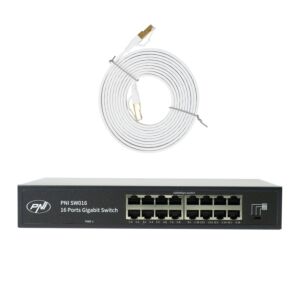 Pacote de Switch PNI SW016, 16 x 10/100/1000 Mbps, Gigabit e gabinete metálico e patch CAT8 de 3m PNI U8030W