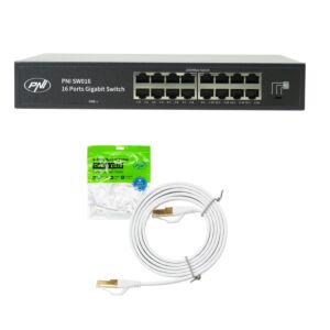 Pacote de switch PNI SW016, 16 portas 10/100/1000 Mbps, Gigabit, caixa metálica e cabo de rede CAT8 de 1,5 m (PNI U8015W)