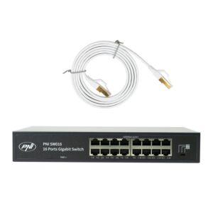 Pacote de switch PNI SW016, 16 portas 10/100/1000 Mbps, Gigabit, caixa metálica e cabo de rede CAT8 de 1,5 m (PNI U8015W)