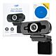 Webcam PNI CW2860 Full HD 4MP, com cabo USB, clipe para fixação, microfone embutido e base adesiva azul inclusos.